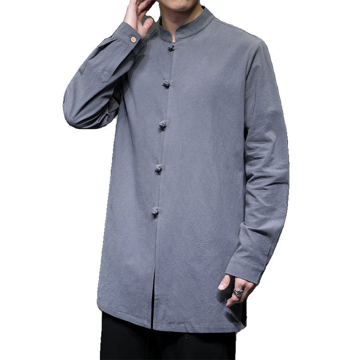 Camisa de manga larga de algodón para hombre, traje Tang sencillo con botones de rana y Buddha Stones - image 10