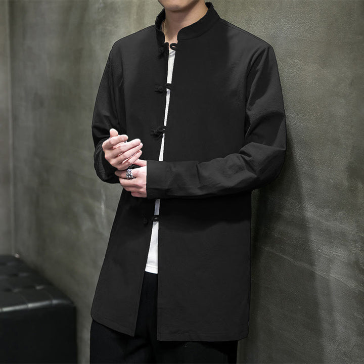 Camisa de manga larga de algodón para hombre, traje Tang sencillo con botones de rana y Buddha Stones - Negro - US/UK/AU46, EU56 (5XL) - image 23