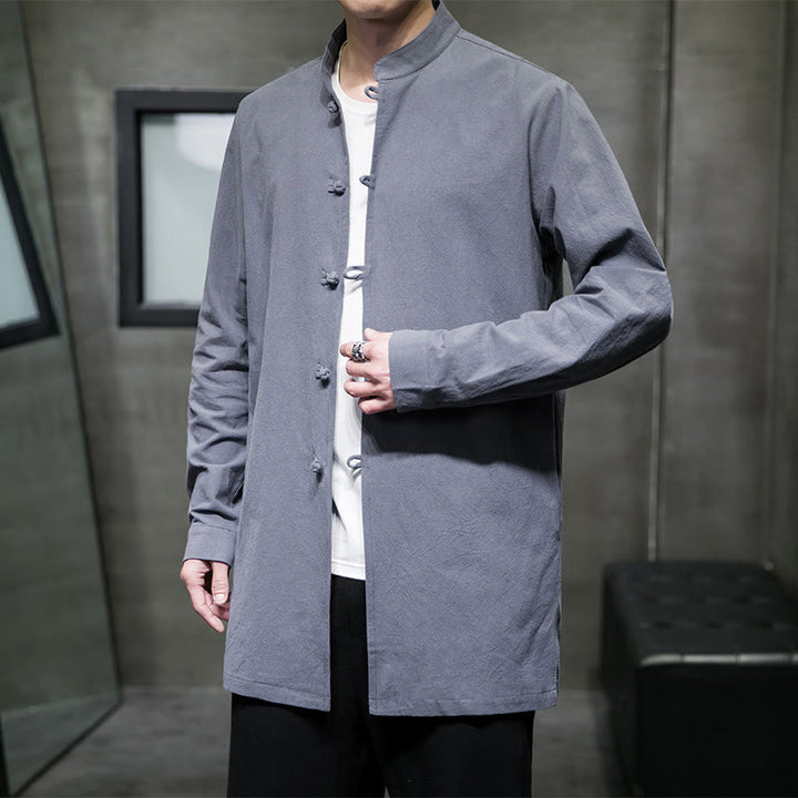 Camisa de manga larga de algodón para hombre, traje Tang sencillo con botones de rana y Buddha Stones - Azul acero claro - US/UK/AU46, EU56 (5XL) - image 0