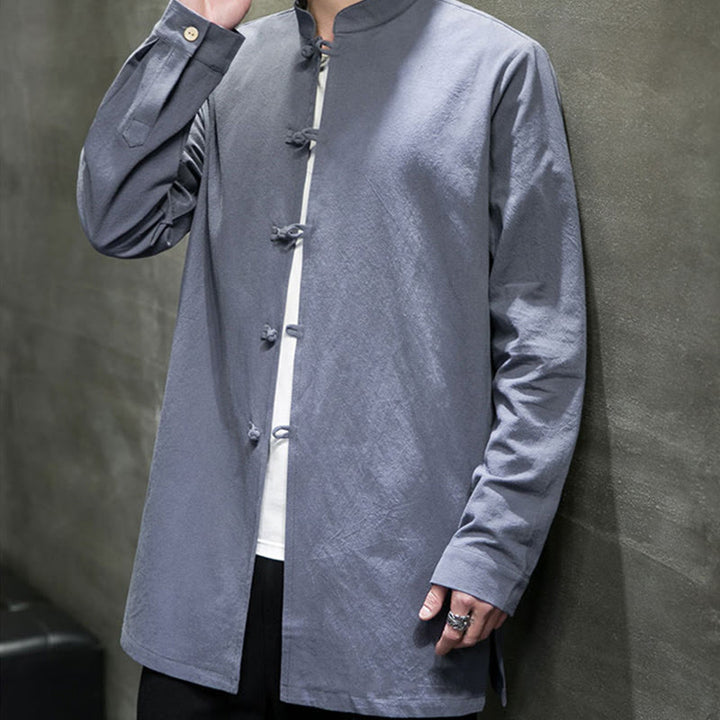Camisa de manga larga de algodón para hombre, traje Tang sencillo con botones de rana y Buddha Stones - image 7