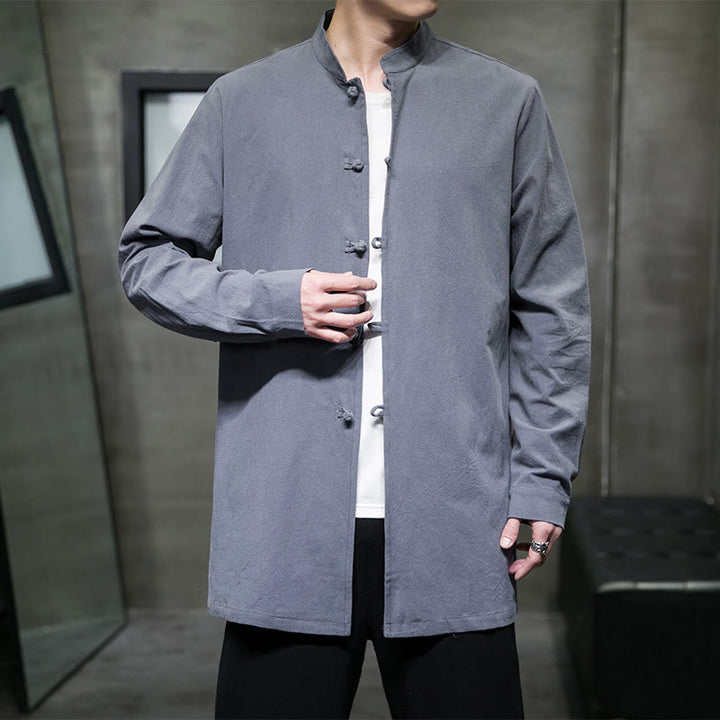Camisa de manga larga de algodón para hombre, traje Tang sencillo con botones de rana y Buddha Stones - image 1