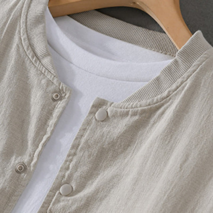 Camisa de lino y algodón de manga larga para hombre con dobladillo acanalado de color liso y bolsillos de Buddha Stones  - image 6