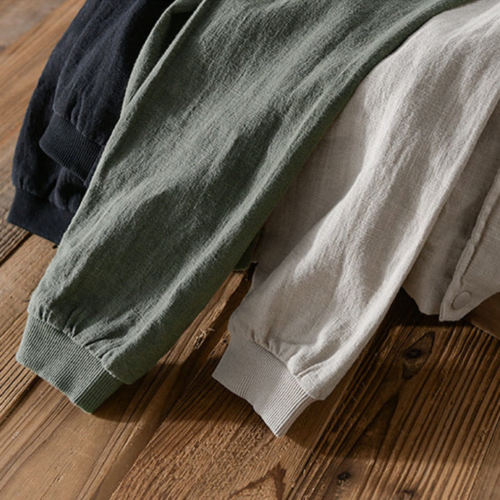 Camisa de lino y algodón de manga larga para hombre con dobladillo acanalado de color liso y bolsillos de Buddha Stones  - image 21