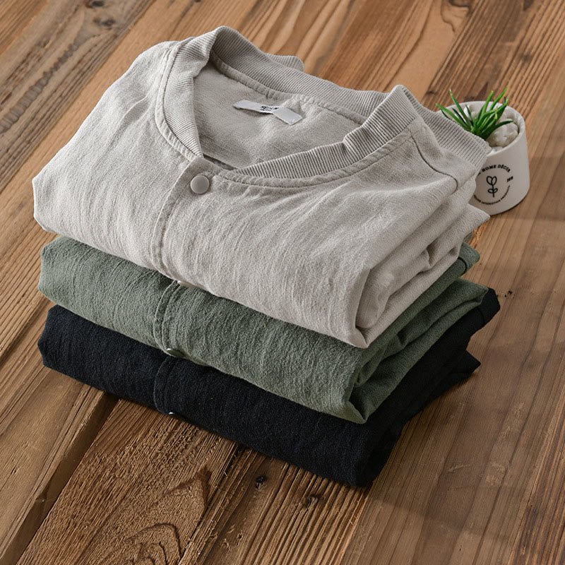 Camisa de lino y algodón de manga larga para hombre con dobladillo acanalado de color liso y bolsillos de Buddha Stones  - image 19