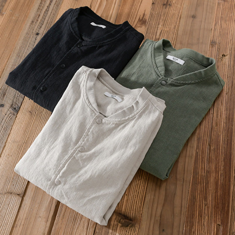 Camisa de lino y algodón de manga larga para hombre con dobladillo acanalado de color liso y bolsillos de Buddha Stones  - image 18