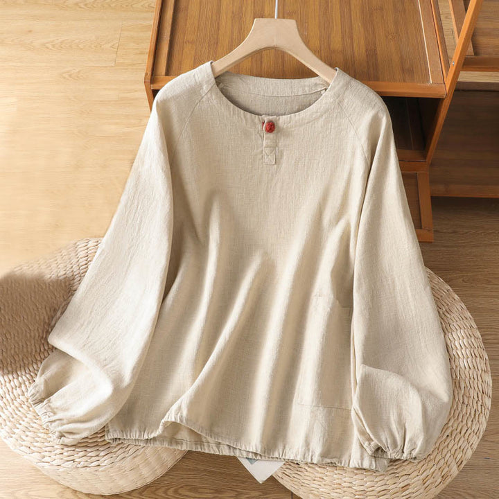 Camisa informal de algodón y poliéster de manga larga con estampado de Buddha Stones para mujer - Beige - US14，UK/AU18，EU46 (2XL) - image 0