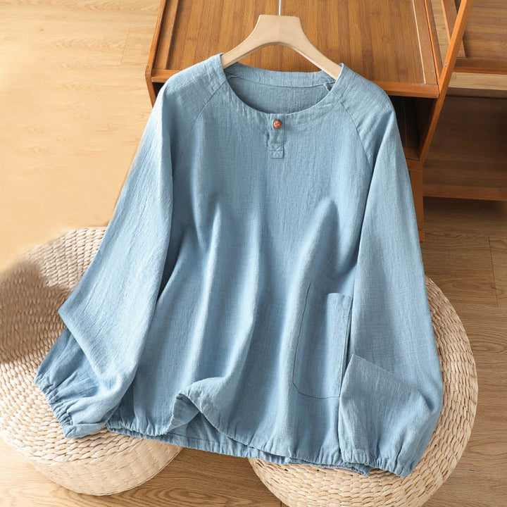 Camisa informal de algodón y poliéster de manga larga con estampado de Buddha Stones para mujer - Azul cielo claro - US14，UK/AU18，EU46 (2XL) - image 8