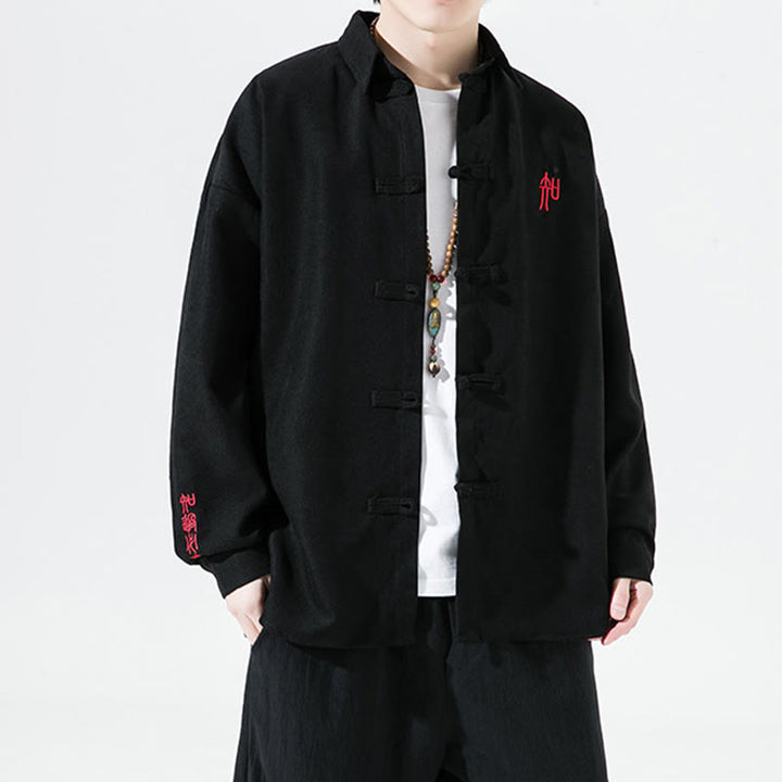 Camisa de manga larga de algodón para hombre con diseño de rana y botones chinos bordados con Buddha Stones - Negro - US/UK/AU46, EU56 (5XL) - image 0
