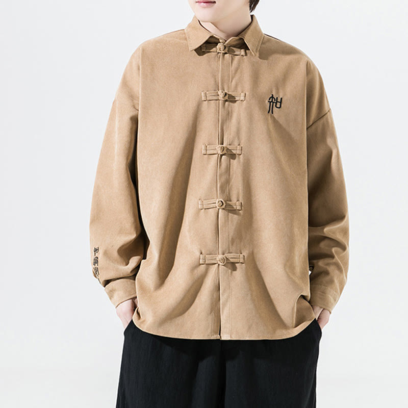 Camisa de manga larga de algodón para hombre con diseño de rana y botones chinos bordados con Buddha Stones - image 14