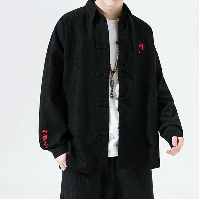 Camisa de manga larga de algodón para hombre con diseño de rana y botones chinos bordados con Buddha Stones - image 1