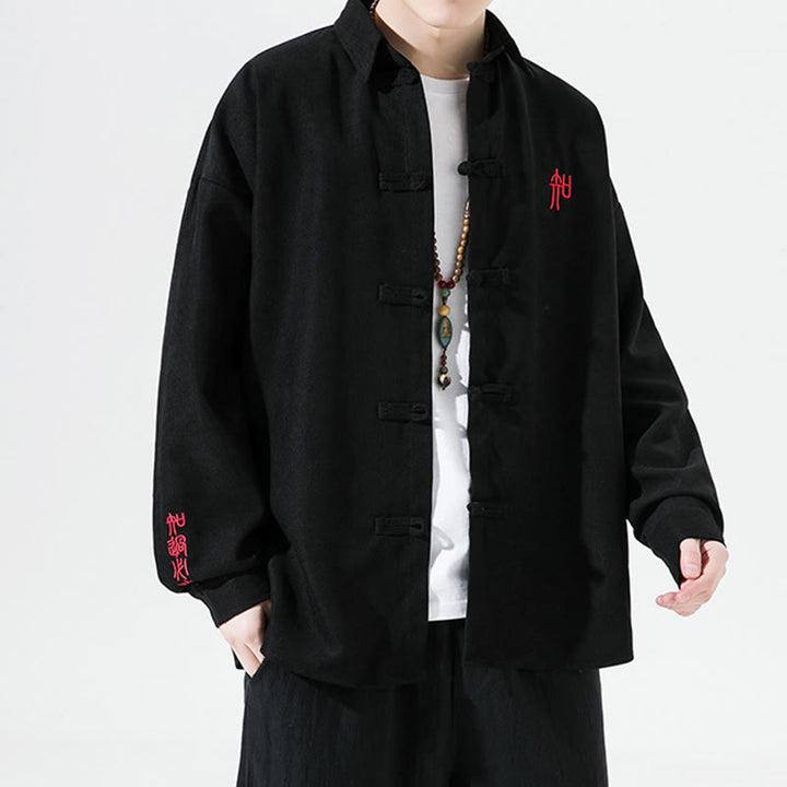 Camisa de manga larga de algodón para hombre con diseño de rana y botones chinos bordados con Buddha Stones - image 1
