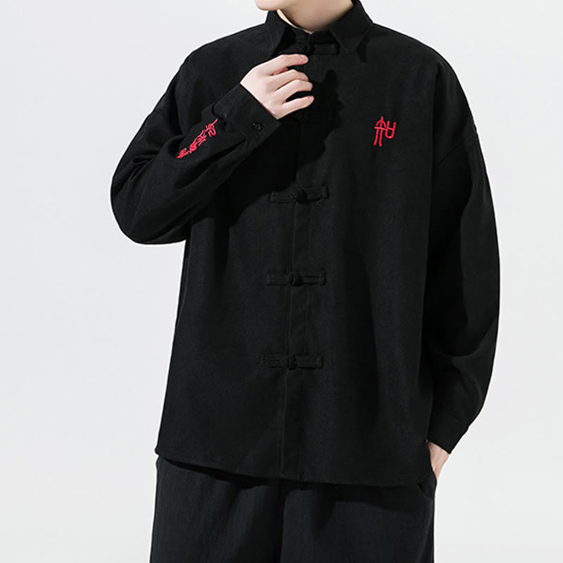 Camisa de manga larga de algodón para hombre con diseño de rana y botones chinos bordados con Buddha Stones - image 5