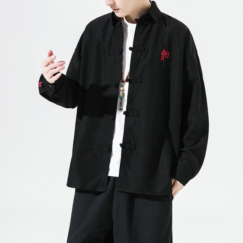 Camisa de manga larga de algodón para hombre con diseño de rana y botones chinos bordados con Buddha Stones - image 4