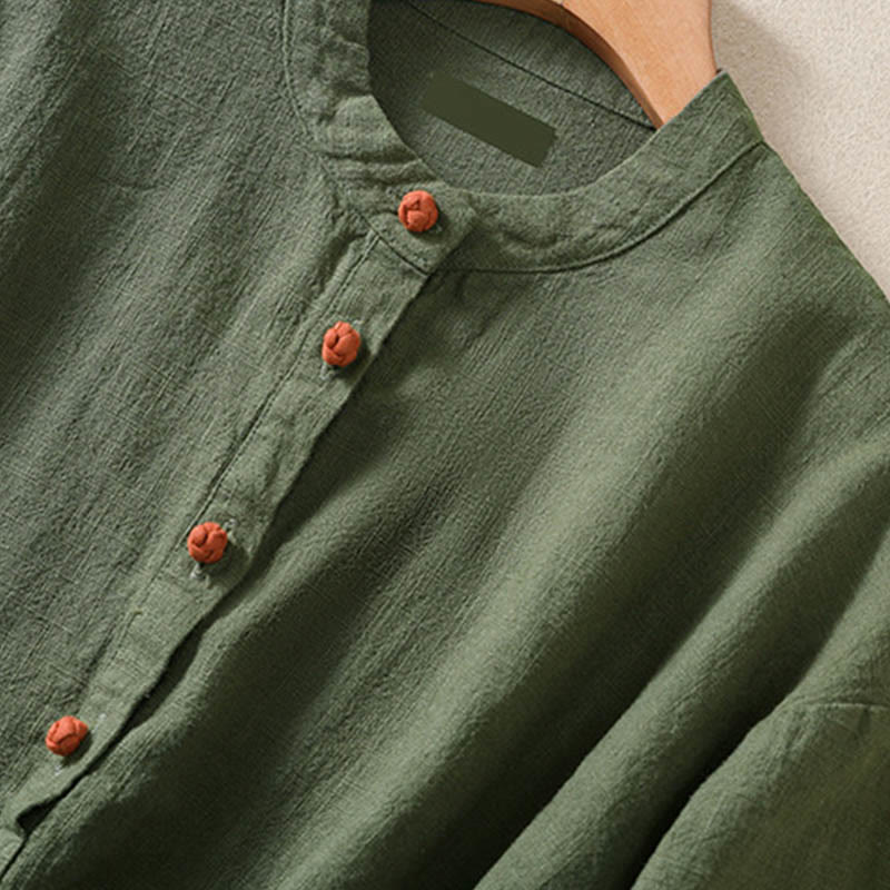 Camisa informal de algodón con cuello redondo, manga larga y bolsillos para mujer con estampado de Buddha Stones - image 4