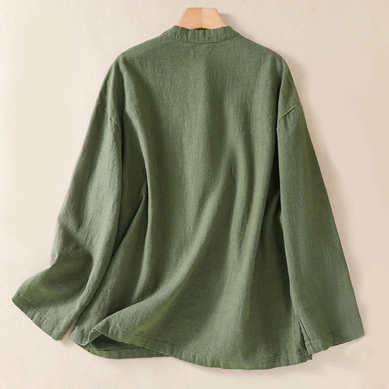 Camisa informal de algodón con cuello redondo, manga larga y bolsillos para mujer con estampado de Buddha Stones - image 1