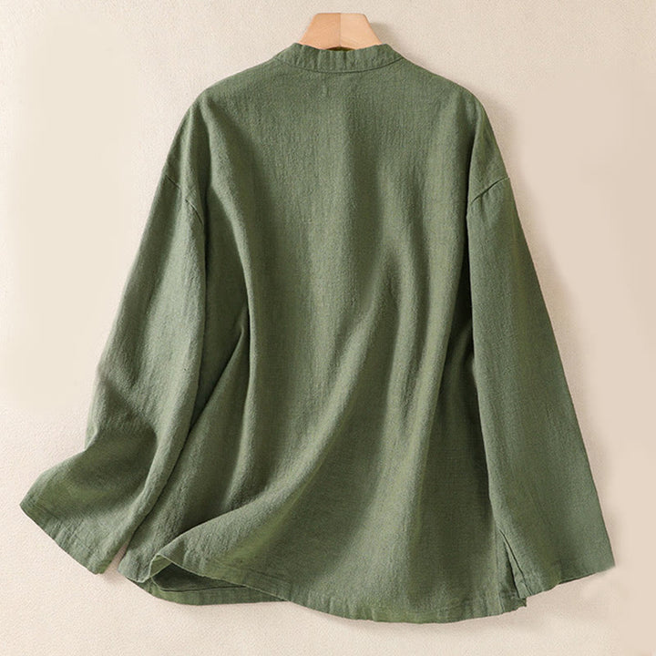 Camisa informal de algodón con cuello redondo, manga larga y bolsillos para mujer con estampado de Buddha Stones - image 1