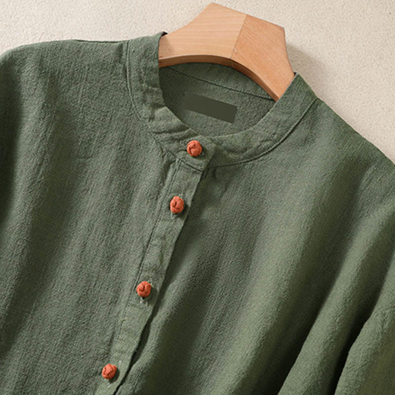 Camisa informal de algodón con cuello redondo, manga larga y bolsillos para mujer con estampado de Buddha Stones - image 5