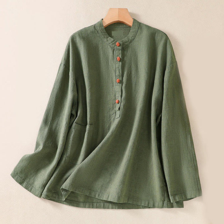 Camisa informal de algodón con cuello redondo, manga larga y bolsillos para mujer con estampado de Buddha Stones - Verde mar oscuro - US8-10，UK/AU12-14，EU40-42 (2XL) - image 0