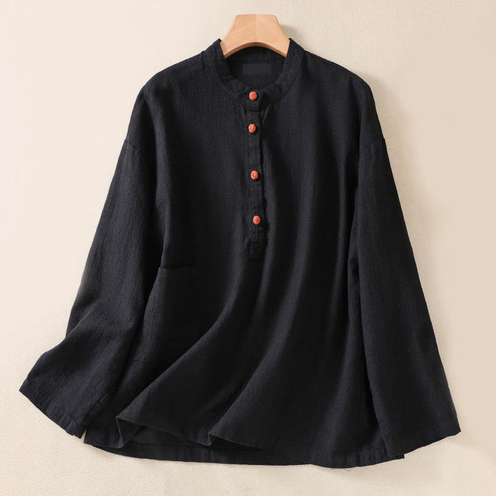 Camisa informal de algodón con cuello redondo, manga larga y bolsillos para mujer con estampado de Buddha Stones - Negro - US14，UK/AU18，EU46 (2XL) - image 9
