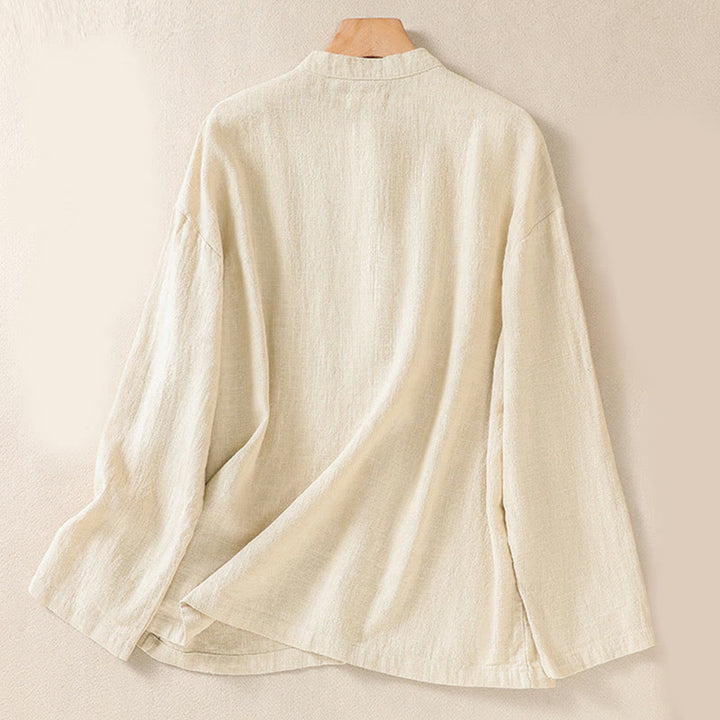 Camisa informal de algodón con cuello redondo, manga larga y bolsillos para mujer con estampado de Buddha Stones - image 17