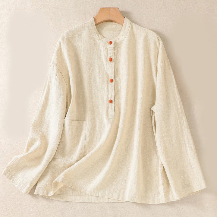 Camisa informal de algodón con cuello redondo, manga larga y bolsillos para mujer con estampado de Buddha Stones - Barba de maíz - US8-10，UK/AU12-14，EU40-42 (2XL) - image 16