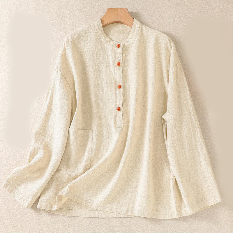 Camisa informal de algodón con cuello redondo, manga larga y bolsillos para mujer con estampado de Buddha Stones - Barba de maíz - US14，UK/AU18，EU46 (2XL) - image 16