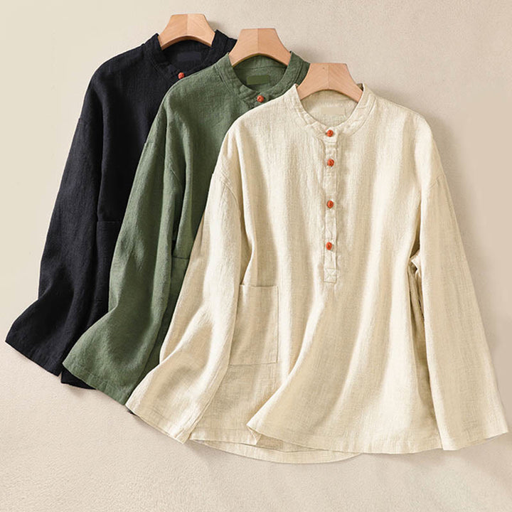 Camisa informal de algodón con cuello redondo, manga larga y bolsillos para mujer con estampado de Buddha Stones - image 26