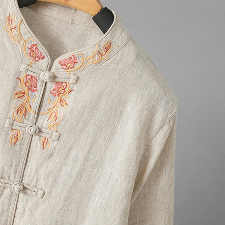 Camisa de algodón para mujer con manga larga, botones de rana y flores bordadas con Buddha Stones - image 4
