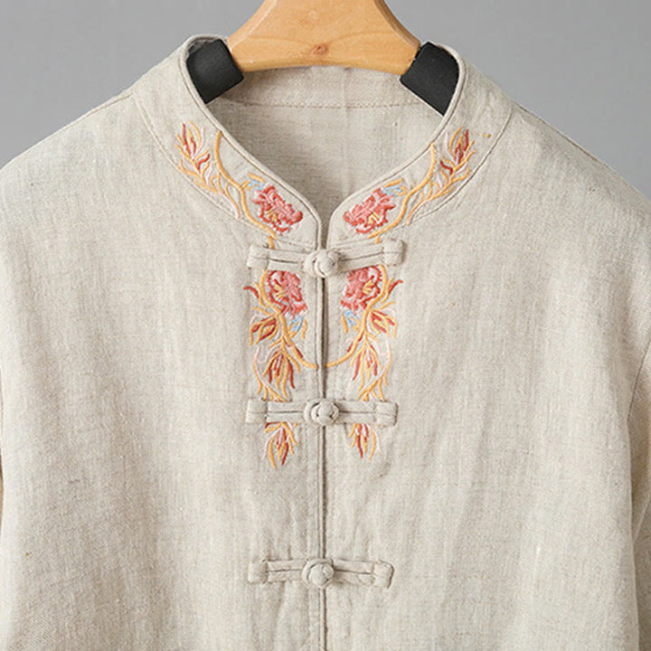 Camisa de algodón para mujer con manga larga, botones de rana y flores bordadas con Buddha Stones - image 8