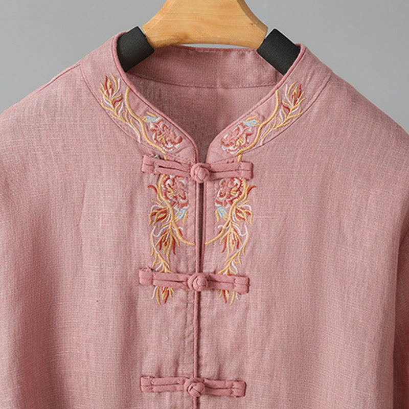 Camisa de algodón para mujer con manga larga, botones de rana y flores bordadas con Buddha Stones - image 11
