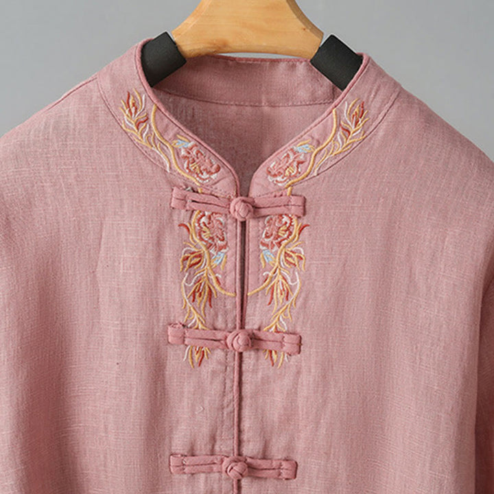 Camisa de algodón para mujer con manga larga, botones de rana y flores bordadas con Buddha Stones - image 11