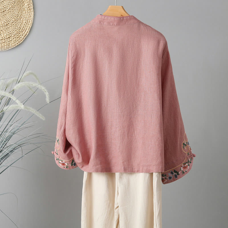 Camisa de algodón para mujer con manga larga, botones de rana y flores bordadas con Buddha Stones - image 10
