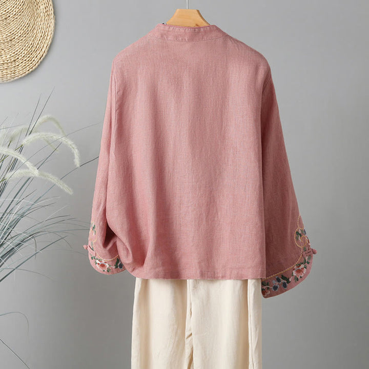 Camisa de algodón para mujer con manga larga, botones de rana y flores bordadas con Buddha Stones - image 10