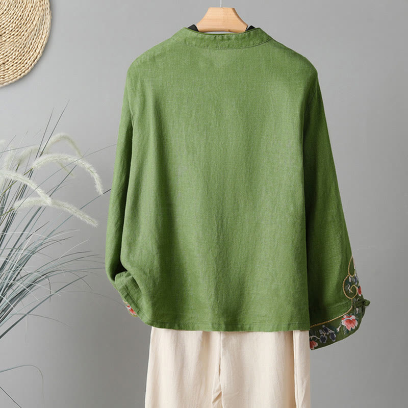 Camisa de algodón para mujer con manga larga, botones de rana y flores bordadas con Buddha Stones - image 13