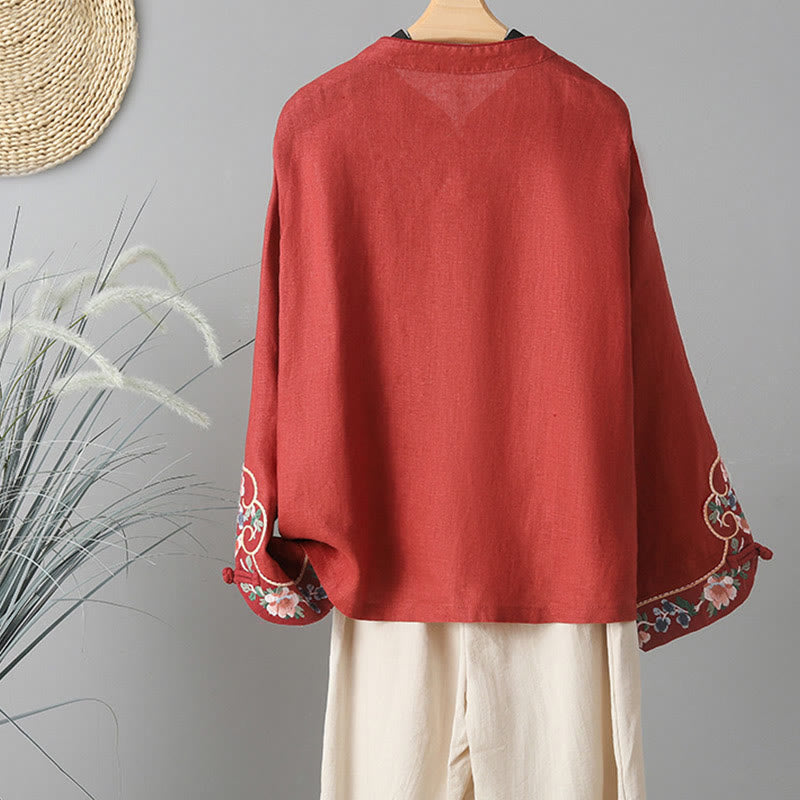 Camisa de algodón para mujer con manga larga, botones de rana y flores bordadas con Buddha Stones - image 16