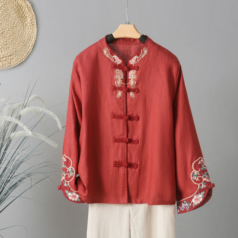Camisa de algodón para mujer con manga larga, botones de rana y flores bordadas con Buddha Stones - Ladrillo refractario - US12, UK/AU16, EU44 (2XL) - image 15