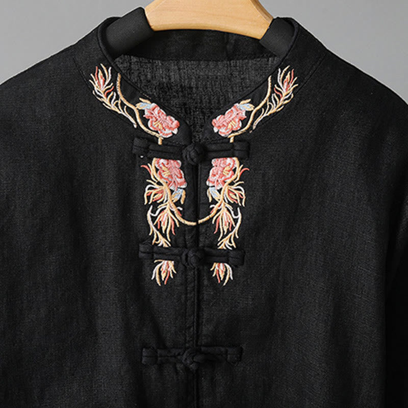 Camisa de algodón para mujer con manga larga, botones de rana y flores bordadas con Buddha Stones - image 24