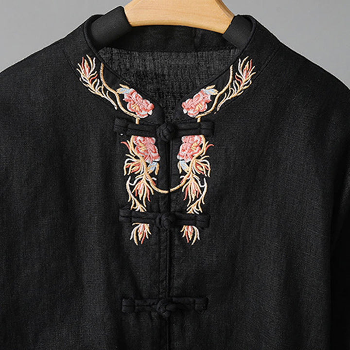 Camisa de algodón para mujer con manga larga, botones de rana y flores bordadas con Buddha Stones - image 24