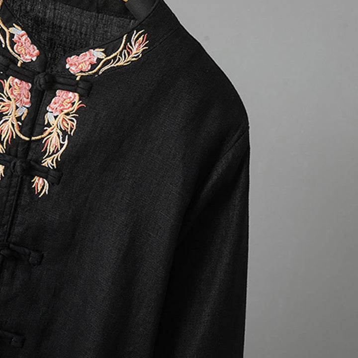 Camisa de algodón para mujer con manga larga, botones de rana y flores bordadas con Buddha Stones - image 20