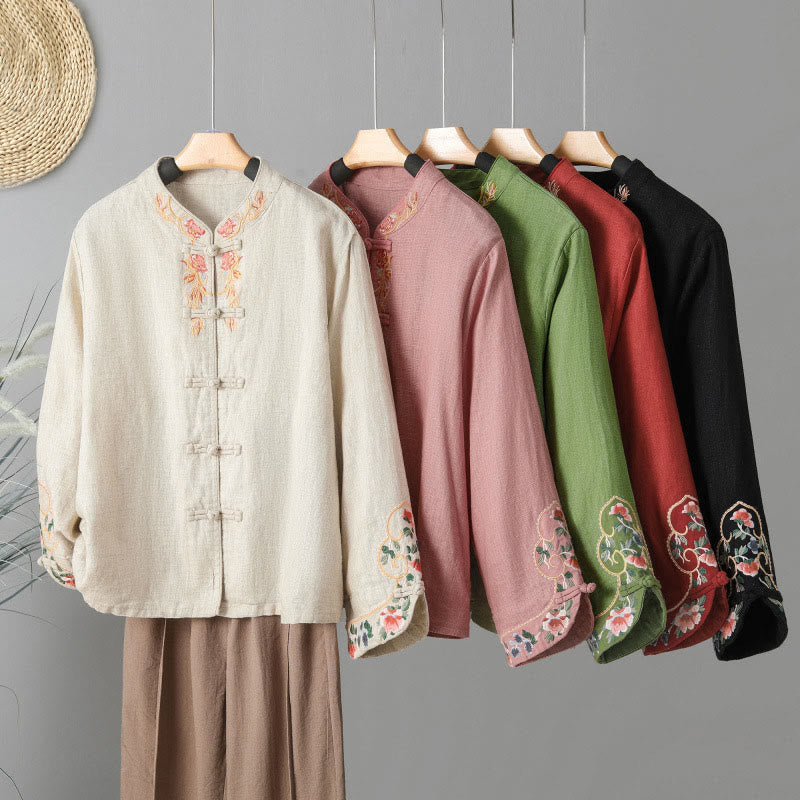 Camisa de algodón para mujer con manga larga, botones de rana y flores bordadas con Buddha Stones - image 25