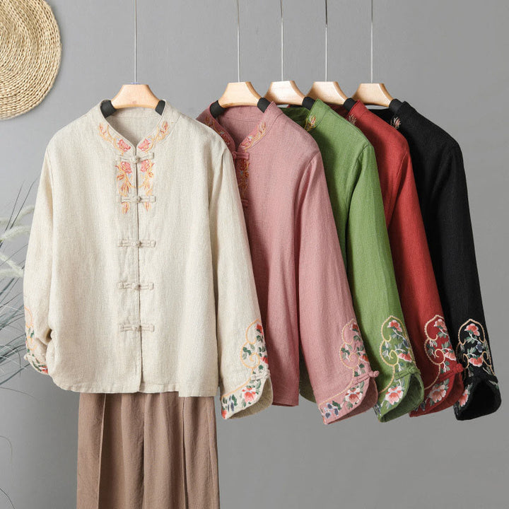 Camisa de algodón para mujer con manga larga, botones de rana y flores bordadas con Buddha Stones - image 25