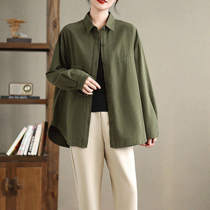 Buddha Stones Camisa informal de algodón de manga larga para mujer con bolsillos - image 1