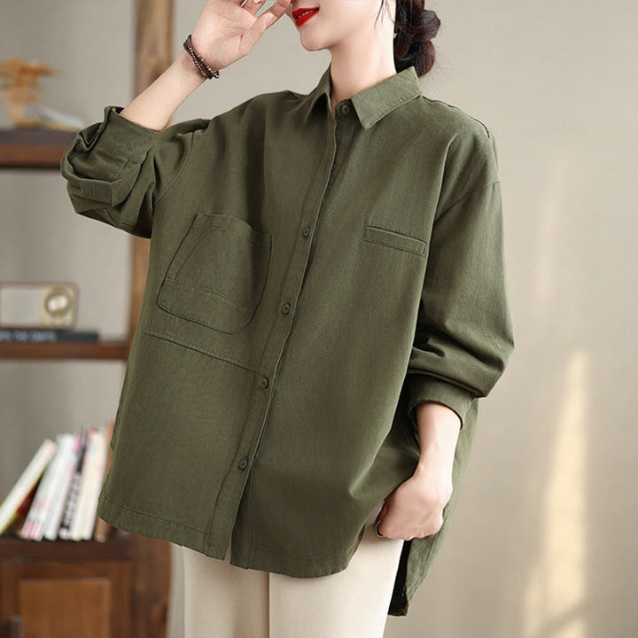Buddha Stones Camisa informal de algodón de manga larga para mujer con bolsillos - image 4