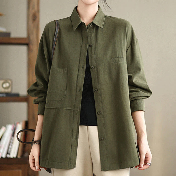 Buddha Stones Camisa informal de algodón de manga larga para mujer con bolsillos - Verde oliva oscuro - US14，UK/AU18，EU46 (2XL) - image 0