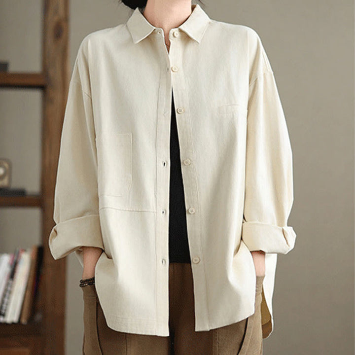 Buddha Stones Camisa informal de algodón de manga larga para mujer con bolsillos - Beige - US14，UK/AU18，EU46 (2XL) - image 6