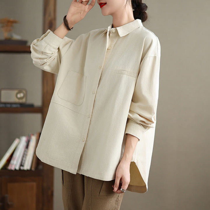 Buddha Stones Camisa informal de algodón de manga larga para mujer con bolsillos - image 9