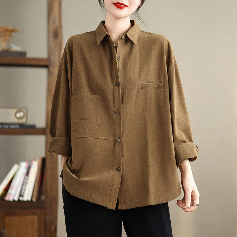 Buddha Stones Camisa informal de algodón de manga larga para mujer con bolsillos - image 23