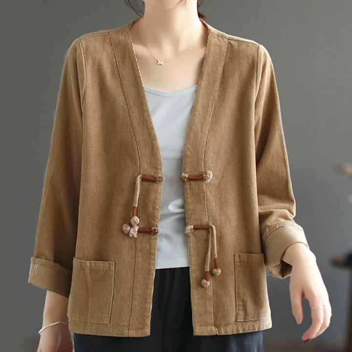 Chaqueta de pana de manga larga de algodón con bolsillos para mujer de Buddha Stones - BurlyWood - US12, UK/AU16, EU44 (2XL) - image 0