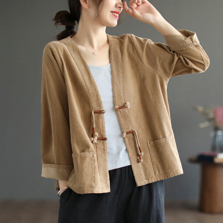 Chaqueta de pana de manga larga de algodón con bolsillos para mujer de Buddha Stones - image 2