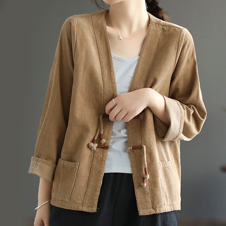 Chaqueta de pana de manga larga de algodón con bolsillos para mujer de Buddha Stones - image 1